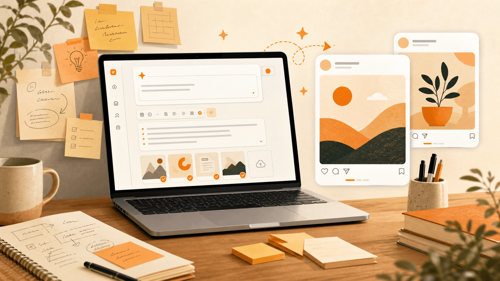 A warm desk scene showing a DraftPop-style workspace turning notes into social post previews.