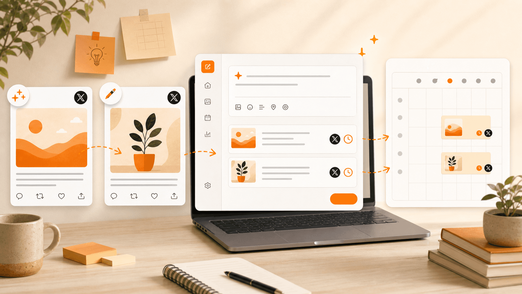 A warm DraftPop scheduling workspace illustration with draft posts moving into a calendar queue.