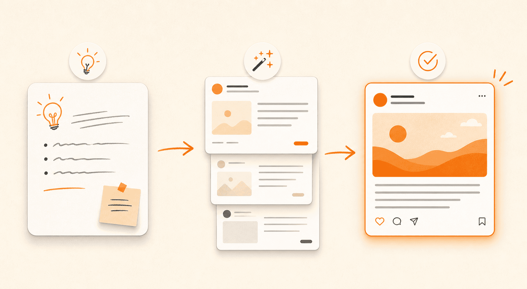 A three-step visual workflow moving from rough idea to generated drafts to a finished social post.