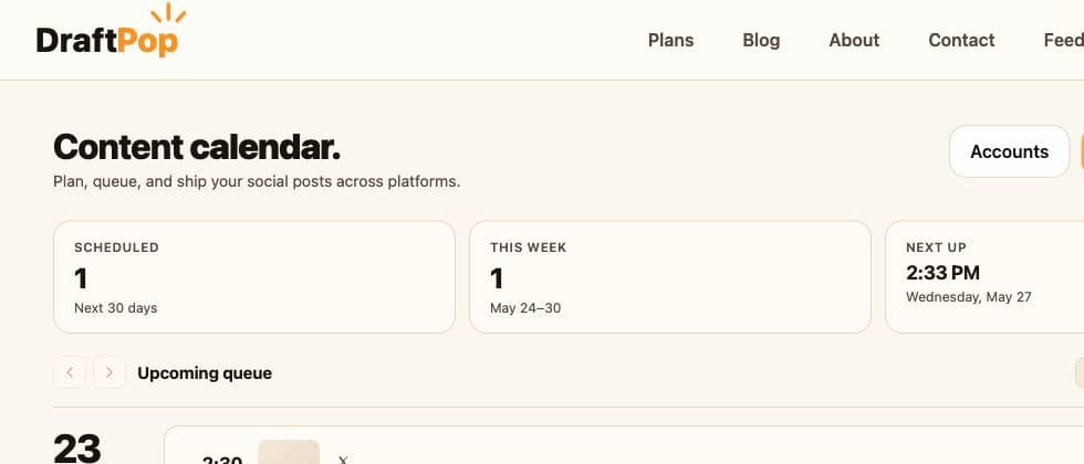 DraftPop schedule page showing upcoming posts and calendar planning controls.